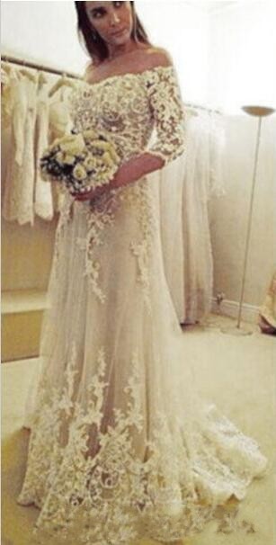 Off The Arabic Shoulder Lace A Line Wedding Dresses Tulle With Half Sleeves Appliques Button Back Sweep Train Plus Size Bride Gowns Ppliques