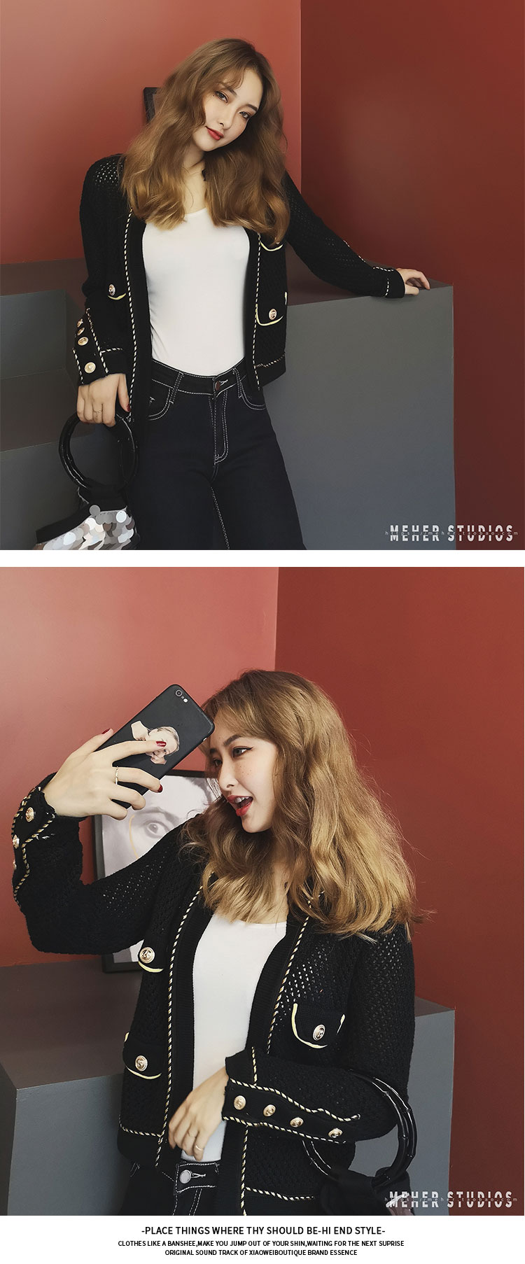 New design womens autumn o-neck long sleeve British style gold buttons patchwork hollow out knitted sweater cardigan coat short casacos