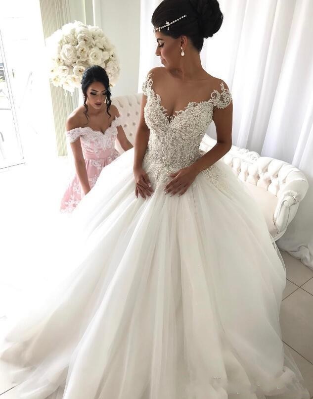 Ball Sparkly Lace Gown Dresses Applique Sheer Neck Beaded Crystals Pearls Tiered Tulle Court Train Wedding Bridal Gowns Custom s