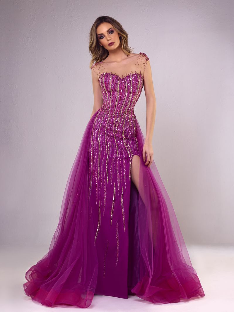 Tony Chaaya Purple Prom Dresses With Detachable Train Beaded Side Split Sheer Jewle Neck Luxury Formal Dress Evening Plus Size Evening Gowns