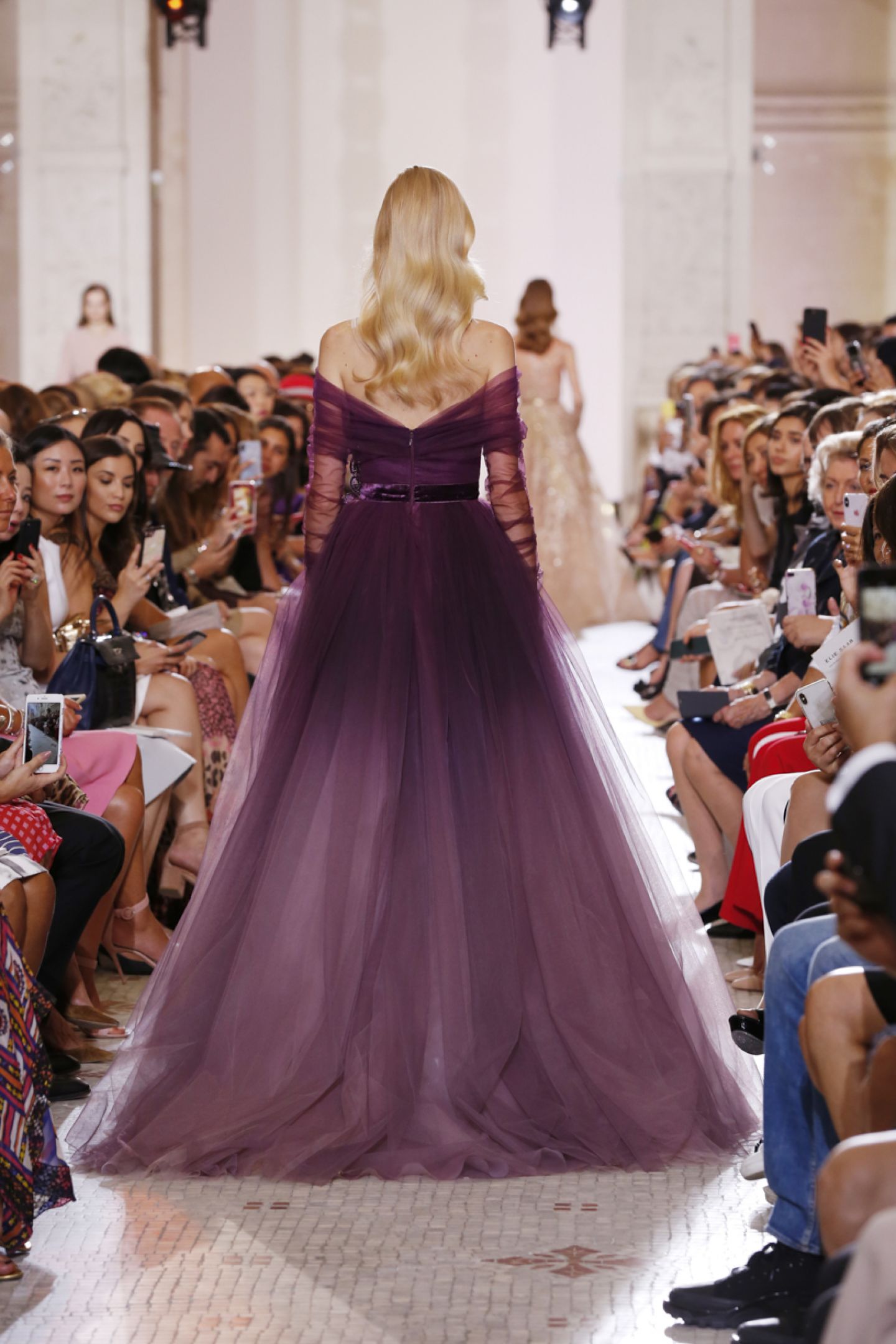 Elie Saab Purple Prom Dresses Off The Shoulder Long Sleeve Beads Illusion Elegant Evening Gowns Lace Applique Sash Special Occasion Dress
