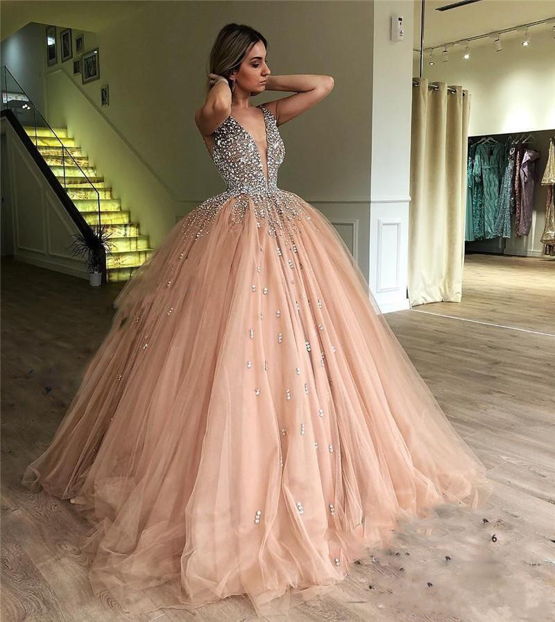 Luxury Crystals Ball Gown Prom Dresses 2018 Illusion V Neck Champagne Tulle Plus Size Sequined Sweet 16 Arabic Dubai Quinceanera Party Gowns