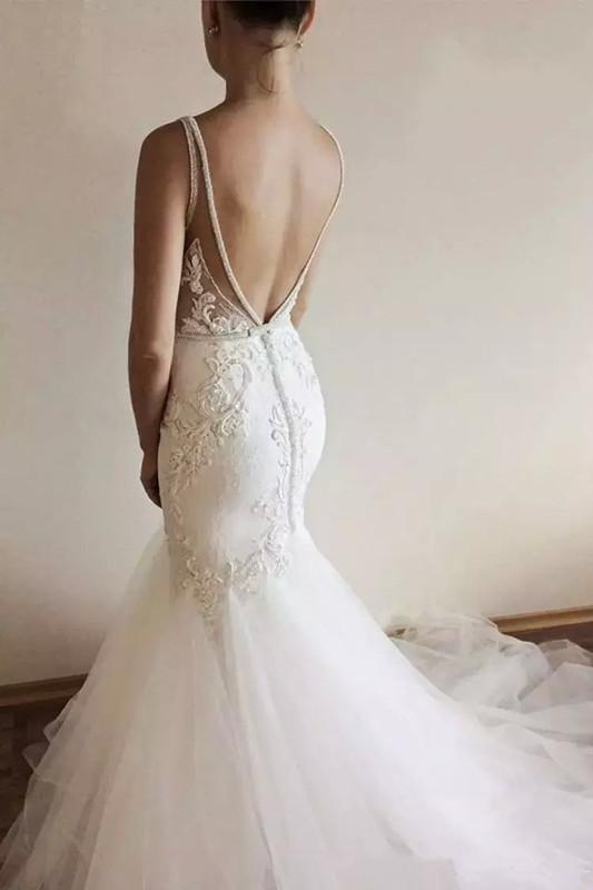 Sexy Mermaid Wedding Dresses V Neck Lace Appliques Backless Sweep Train Boho Wedding Dress Sweep Train Beaded Plus Size Bridal Gowns