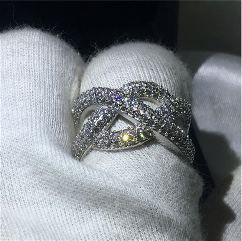 Vecalon Female infinity Ring 925 Sterling Silver 5A Zircon Cz Cross Engagement Wedding Band rings for women Finger Jewelry