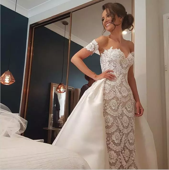 Overskirts Mermaid Lace Wedding Dresses Detachable Train Arabic Bridal Gowns With Sweetheart Backless Satin Wedding Dress