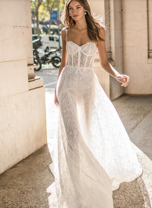 Sexy Berta Bridal Dress Backless - Spaghetti Strap Lace Wedding Gown with Exposed Boning