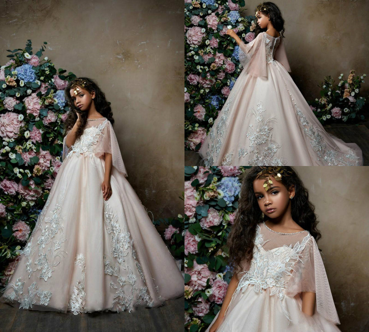 Pentelei 2019 Blush Pink Flower Girl Dresses For Weddings Jewel Neck Lace Appliqued Little Kids Baby Gowns Beaded Feather Communion Dress