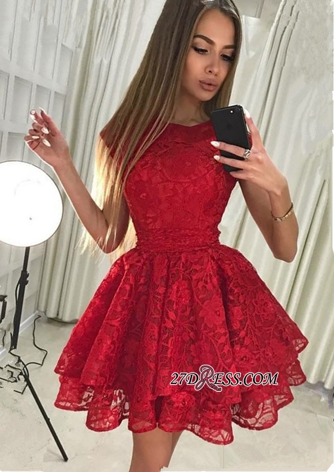 Gorgeous Red Lace Homecoming Dress Jewel Neck Tiered Tulle Cap Sleeve Short Mini Prom Dress Party Wear Cheap Cocktail Gowns Plus Size