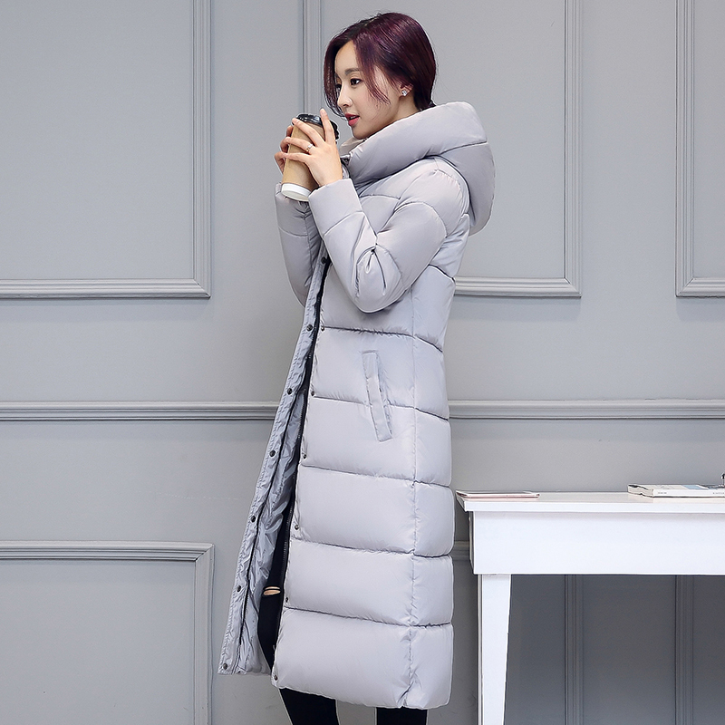 High quality 2018 stand collar coat women winter long hooded with a hat warm thicken womens jacket solid padded female parka S18101103