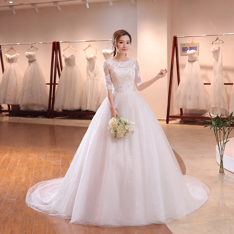 DHL Long Train Half Sleeve Embroidery Lace Wedding Dress 2017 New Arrival Sweep Brush Train Princess bride Gown Vestido De Noiva