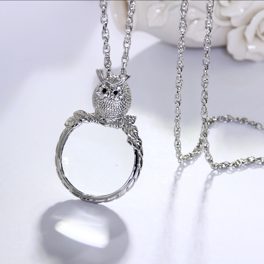 Magnifying glass necklace for reading women's fashion Owl pendant necklace Rhodium plated with crystal Magnifier necklace