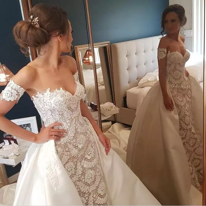 Overskirts Mermaid Lace Wedding Dresses Detachable Train Arabic Bridal Gowns With Sweetheart Backless Satin Wedding Dress