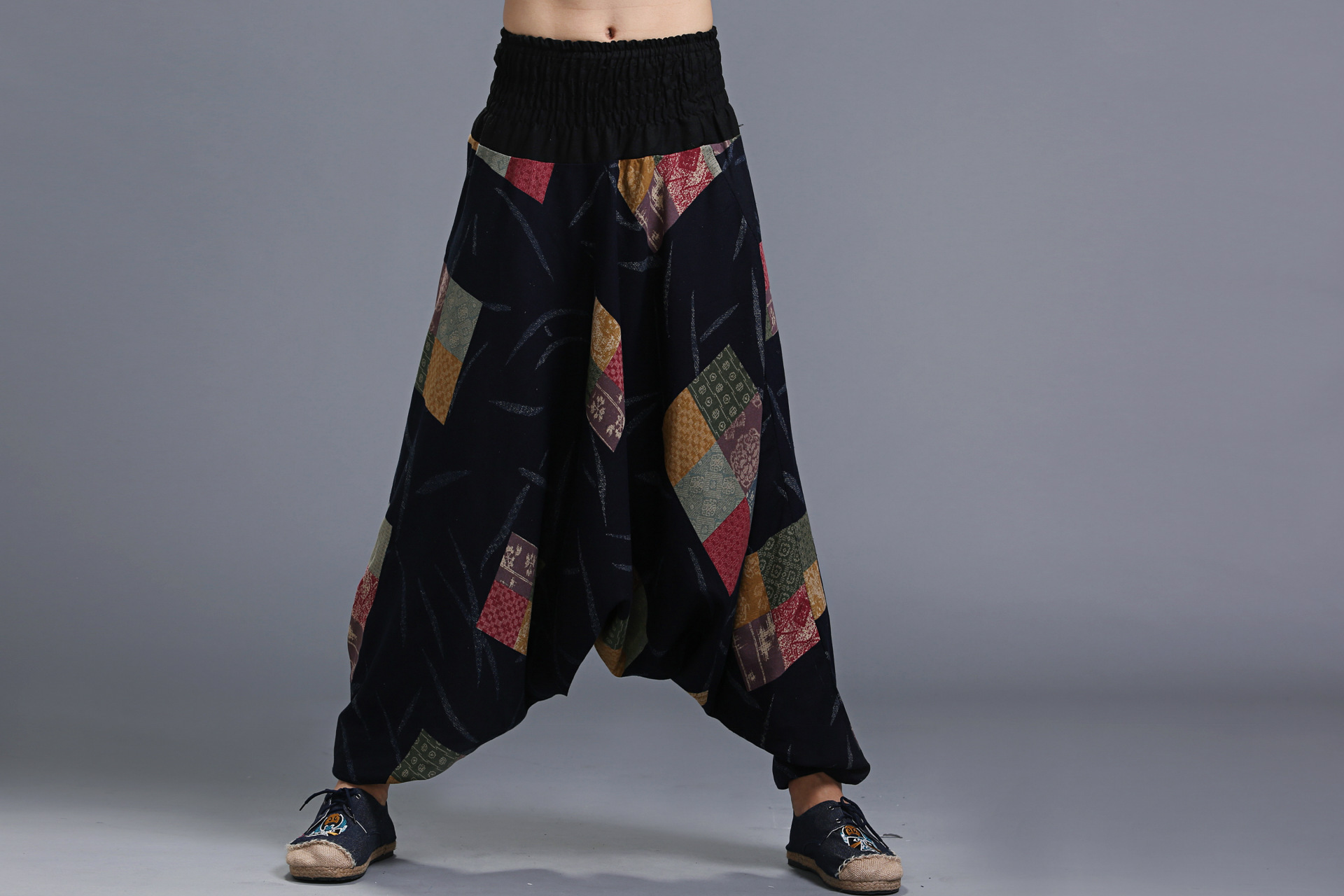 Unisex Casual Big Large crotch Elastic pants India Nepali yoga trousers Chinese Style Men wear black blue Red Vintage Print Harem Pants