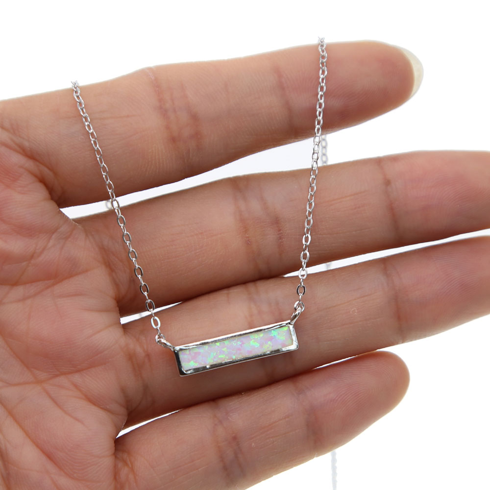 100% 925 sterling silver opal gemstone jewelry blue white fire opal simple geometric bar charm minimal silver necklaces