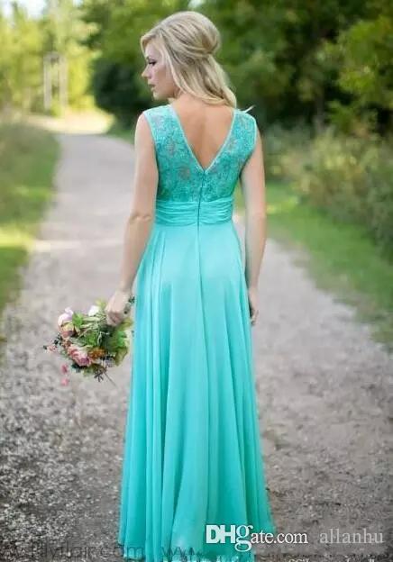 Turquoise New Bridesmaids Jewel Neck Lace Chiffon Long Country Bridesmaid Maid Of Honor Wedding Guest Dresses Custom Made