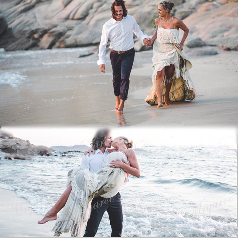 Vintage Hippe Style Ivory Boho Beach Wedding Dresses Sexy Spaghetti Strapless Tiered Lace Chiffon A Line Sleeveless Bridal Gowns Custom Made