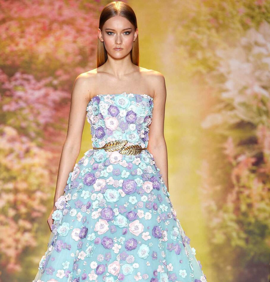 Zuhair Murad Prom Dresses Blue Tulle With Colorful 3D Floral Appliques A Line Strapless Formal Party Gowns With Sash Custom Made Dress