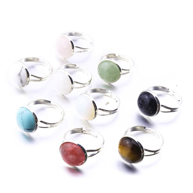10mm 12mm Natural Stone Rings silver gold color Open Adjustable Turquoise Amethysts Pink Quartz Crystal Women Ring Party Wedding