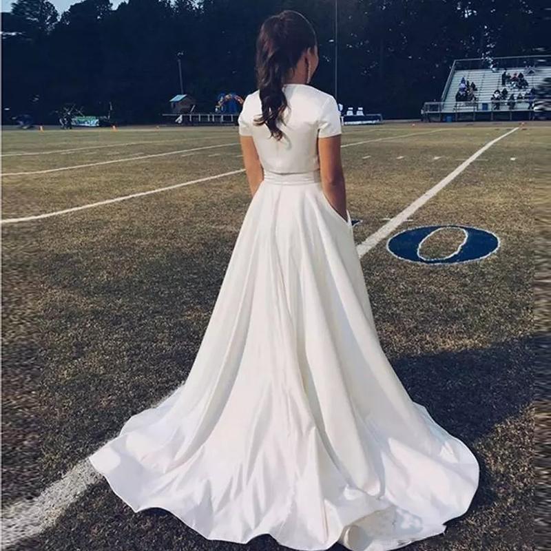 Two Pieces Long Prom Dresses with Short Sleeves Satin Sweep Train Formal Evening Party Gowns Cheap Prom Dress