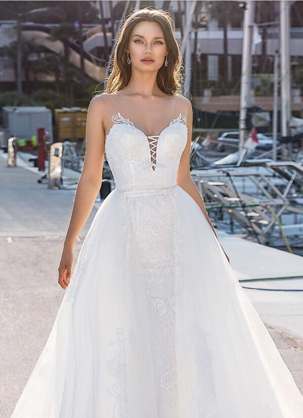 Luxury Beach Wedding Dresses With Detachable Skirt Deep V Neck Sexy Backless Country Bridal Gowns With Cape Plus Size Mermaid Wedding Dress