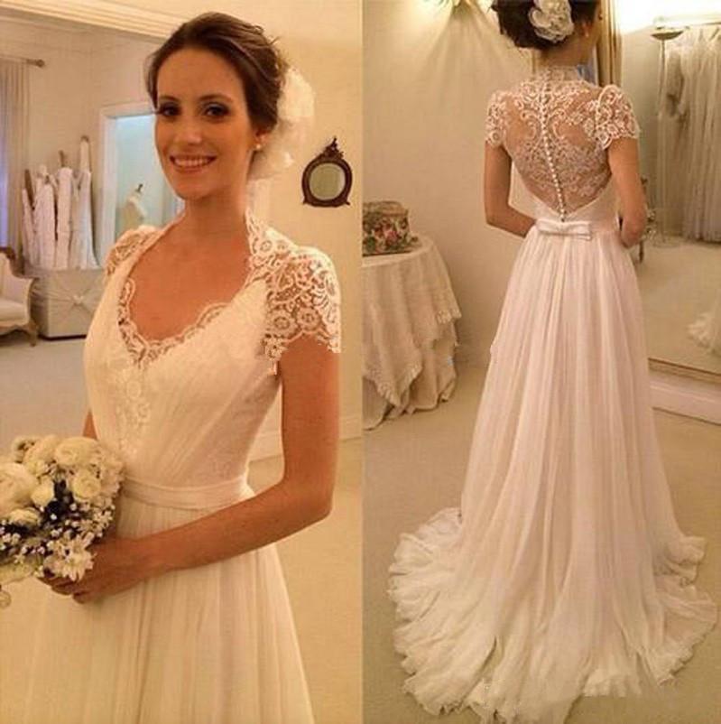 Summer Beach Lace Wedding Dresses A Line V Neck Cap Sleeve Long Boho Bridal Gowns Sexy Covered Button Sweep Train Garden Wedding Dress