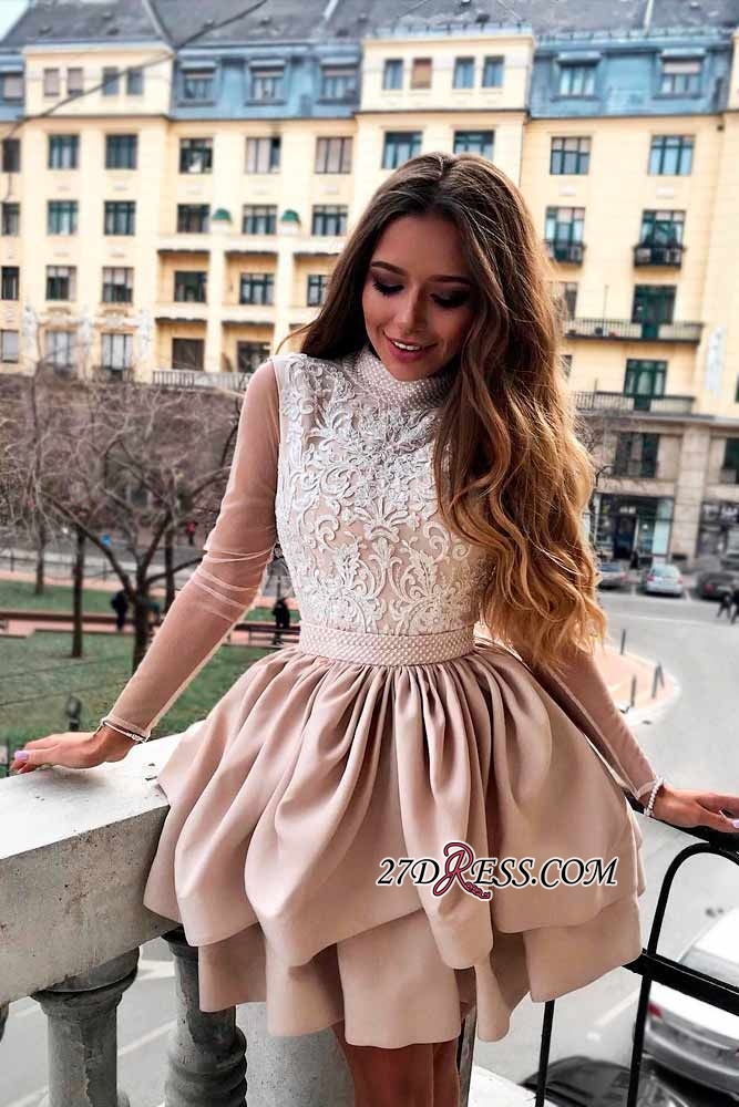 Charming Homecoming Dresses High Neck Lace Long Sleeve Short Party Dress Backless Women Cocktail Dress A Line Plus Size Prom Gowns