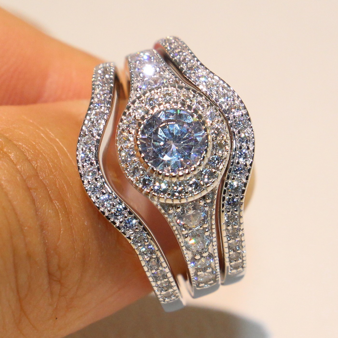 Size 5-11 Jewelry Pave Setting Princess Cut 10kt white gold filled CZ Simulated Diamond Topaz 3 IN 1 Women Wedding Engagement Ring set gift