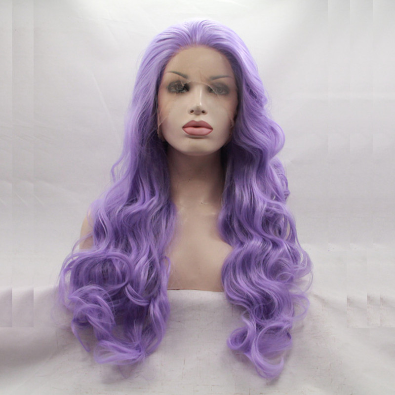 Long Purple Wig Cosplay body wave Pure color Synthetic Heat resistant Light Purple Lace Front Synthetic wigs for women