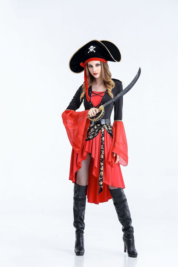 Female Pirate Halloween Costumes For Adults Hi Lo Long Sleeves Cotton Three Pieces (Dress+Hat+Belt) Halloween Party Dress In Stock