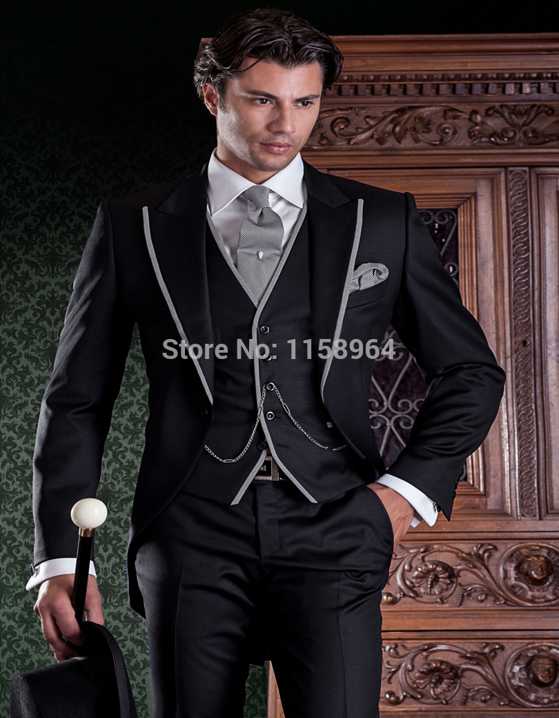 

High Quality One Button Black Groom Tuxedos Peak Lapel Groomsmen Best Man Suits Mens Wedding Suits (Jacket+Pants+Vest+Tie) NO:1160, Same as image