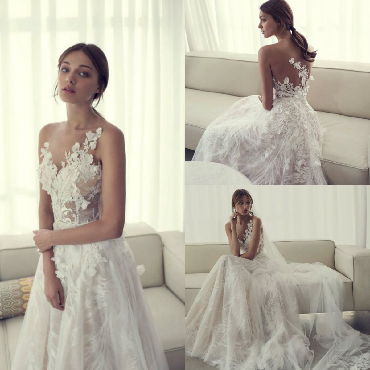 Riki Dalal Beach Wedding Dress Sheer Jewel Neck Lace 3D Floral Applique Sweep Train Country Wedding Gowns A Line Plus Size Bridal Dress
