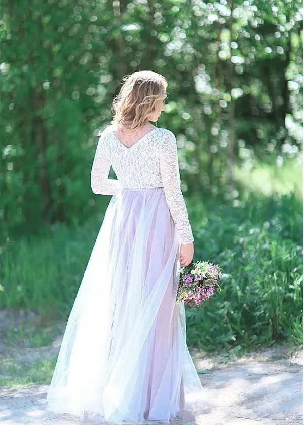 Fall 2018 Country Bridesmaid Dresses Long Lace Bodice Long Sleeve A Line Tulle Skirt White and Lilac Weddings Bridesmaid Dresses
