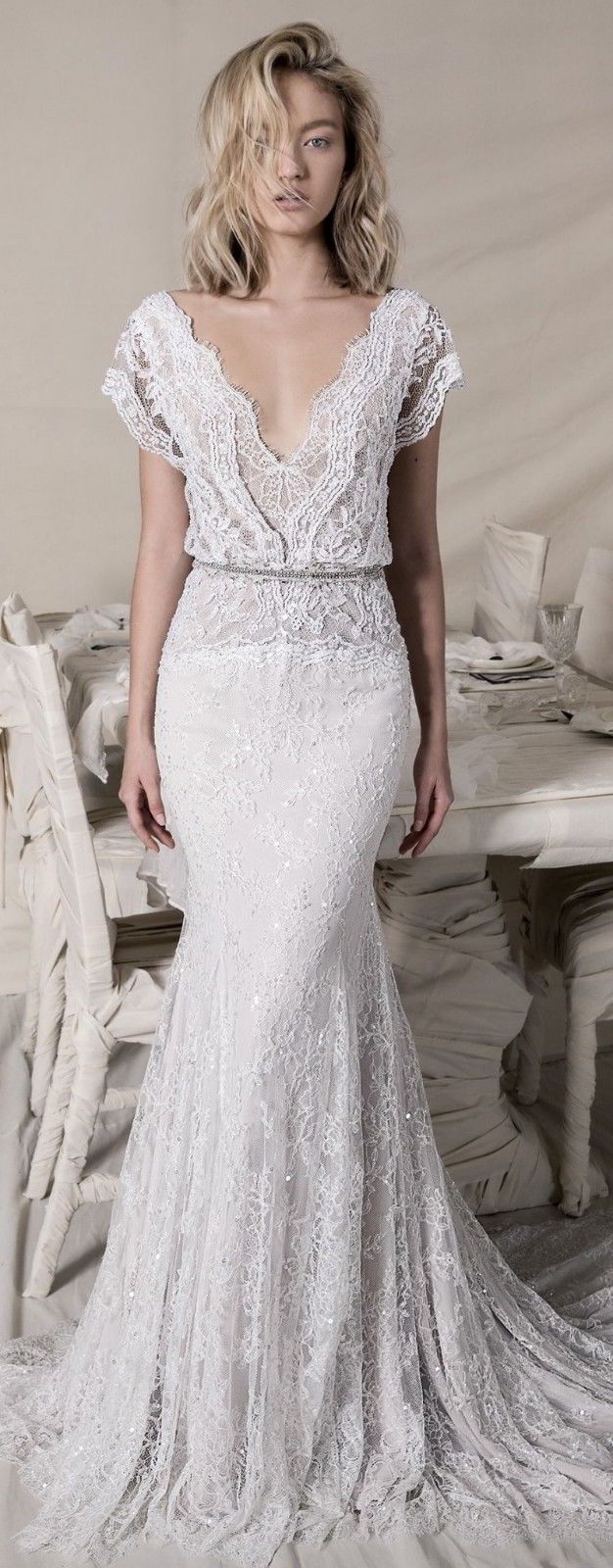 Boho Lace Sheath Wedding Dresses Mermaid Lihi Hod Lace Bridal Gowns Sequined V Neck Bohemian Beach Bridal Dresses Backless Vestidos de Novia