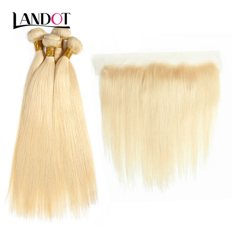 9A Grade 613# Bleach Blonde 13x4 Lace Frontal Closures With 3 Bundles Brazilian Peruvian Indian Malaysian Straight Virgin Human Hair Weaves