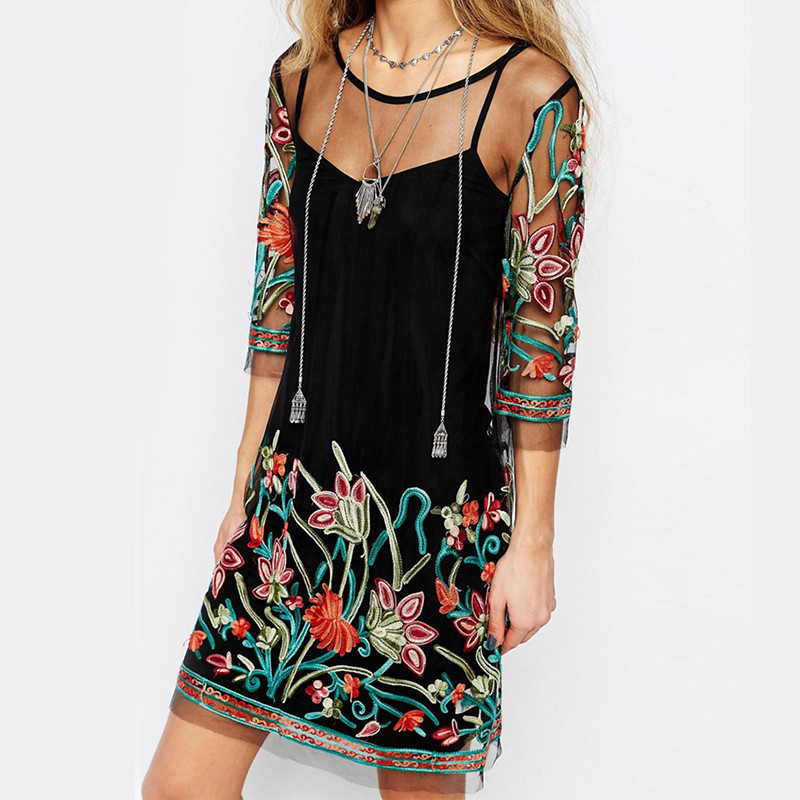 Summer Women Dress Boho Fashion Vintage Floral Embroidery Lace Mesh Mini Dresses Casual See Through Vestidos, Black
Summer Women Dress Boho Fashion Vintage Floral Embroidery Lace Mesh Mini Dresses Casual See Through Vestidos, Black