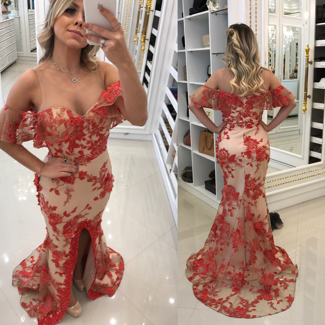 Sheer Jewel Neck Sexy Prom Dresses Off The Shoulder Side Split Lace Appliques Pearls Mermaid Evening Gowns Sweep Train Plus Size Dress