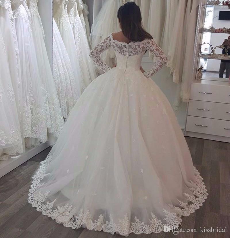 Lace New Fashion Ball Gown Dresses Applique V Neck Long Illusion Sleeves Sweep Train Wedding Dress Bridal Gowns s