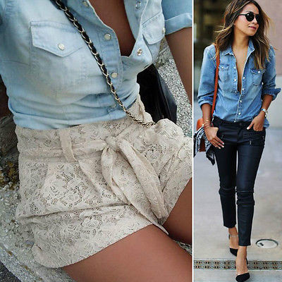 Wholesale- 2017 NEW Fashion Women Ladies Blue Jean Denim Long Sleeve Shirt Tops Blouse Jacket
