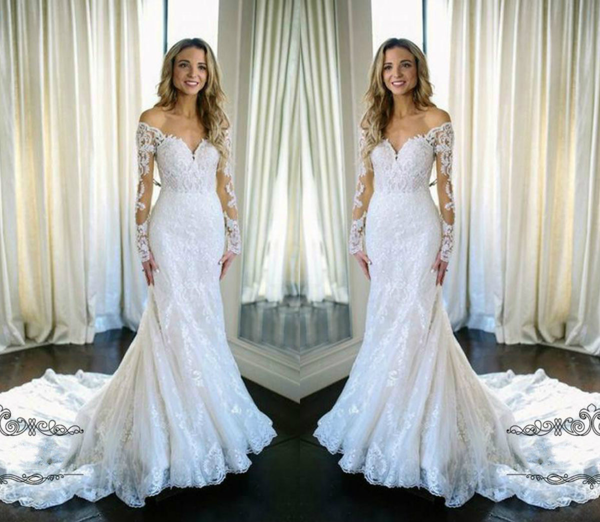 Modest Mermaid Wedding Dresses Off The Shoulder Lace Appliques Sweep Train Long Sleeve Wedding Dress Vestido De Novia Country Bridal Gowns