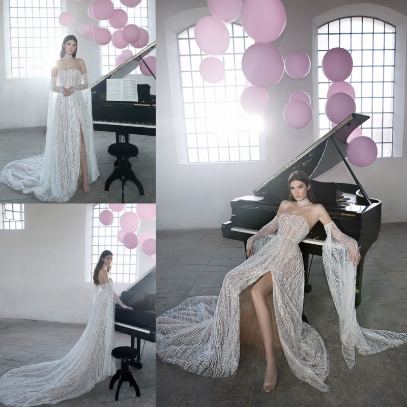 Lee Petra 2019 Sparkly A Line Wedding Dresses Strapless High Side Split Lace Appliqued Illusion Bodice Long Train Bridal Gowns