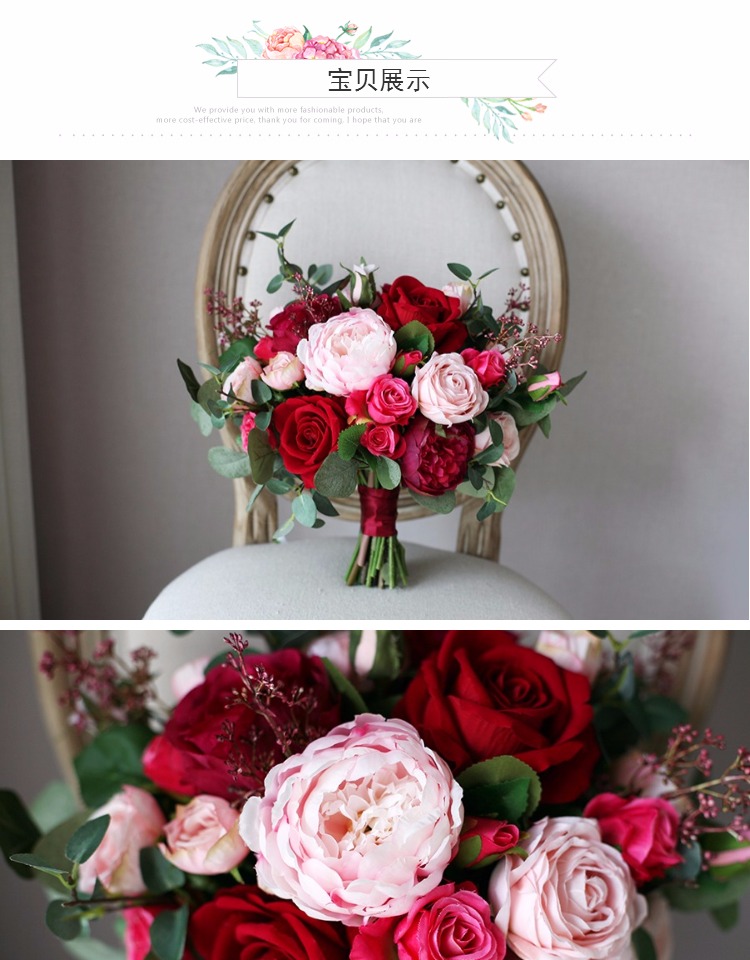 Pink Rose Bridal Bouquets Holding Brooch Flowers 2019 Red Rose Berry Cheap Country Wedding Decoration Artificial Silk Bridesmaid Flowers