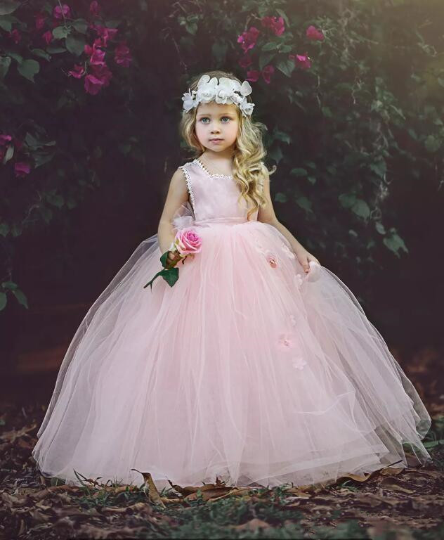 Sweet Puffy Tulle Flower Girl Dresses Cute Princess Little Girls Pageant Dress Toddler Blush Pink Wedding Party Brithday Graduation Dress