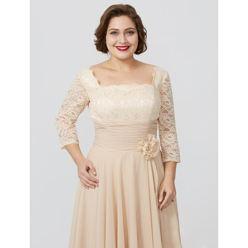 Elegant Champagne Lace Mother Of The Bride Dresses Plus Size Evening Gowns A Line 3/4 Long Sleeve Wedding Guest Dress