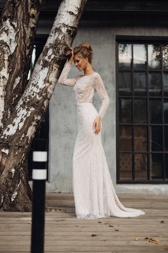 Vintage Boho Mermaid Dresses Bateau Neck Backless Lace Bridal Gowns Sweep Train Long Sleeve Sequined Wedding Dress Plus Size