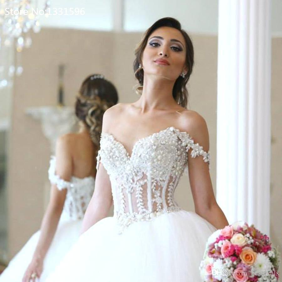 Lace Ball Beaded Gown Dresses Applique Off Shoulder Pearls Tiered Tulle See Through Waist Court Train Wedding Bridal Gowns s