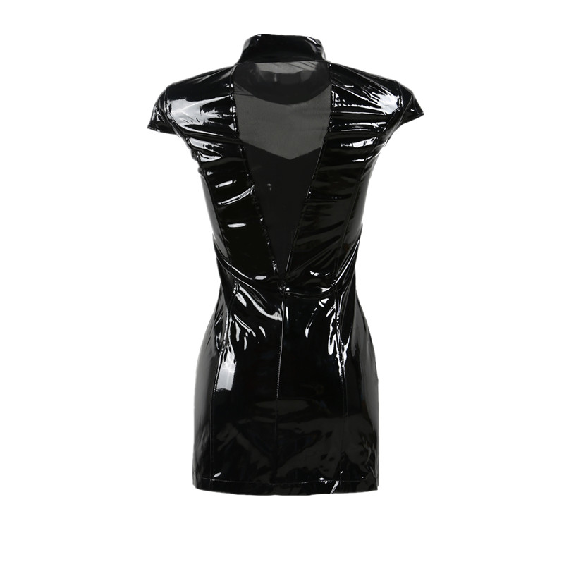 Hot Sexy Nighty High Collar PVC Latex Faux Leather Fetish Gothic Zipper Woman Mini Lace Up Clubwear Black Pencil Dress