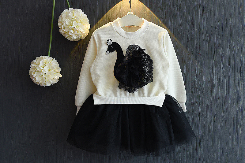 Children Clothing Baby Girls Dress Long sleeves Dress Baby Tutu Kids Stitching Dress Lace Cartoon Swan