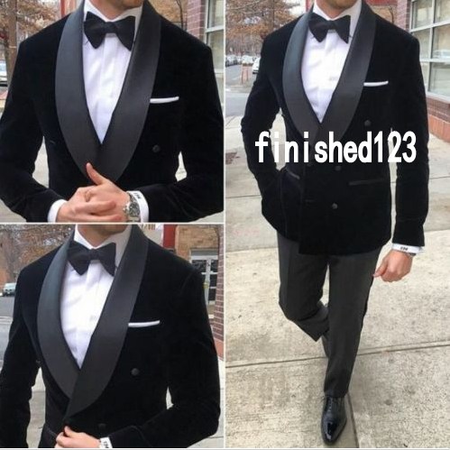 High Quality Double Breasted Black Velvet Wedding Groom Tuxedos Shawl Lapel Groomsmen Mens Dinner Blazer Suits (Jacket+Pants+Tie) NO:1785