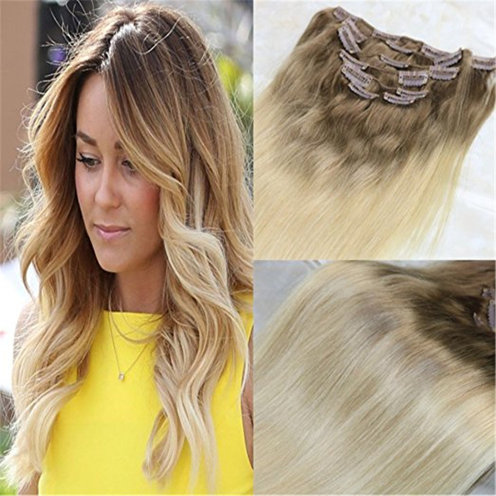 Clip in Hair Extensions Balayage Ombre Color #8 Light Brown Fading to #613 Blonde Remy Real Human Hair Clip On Weave 7Pcs 120g