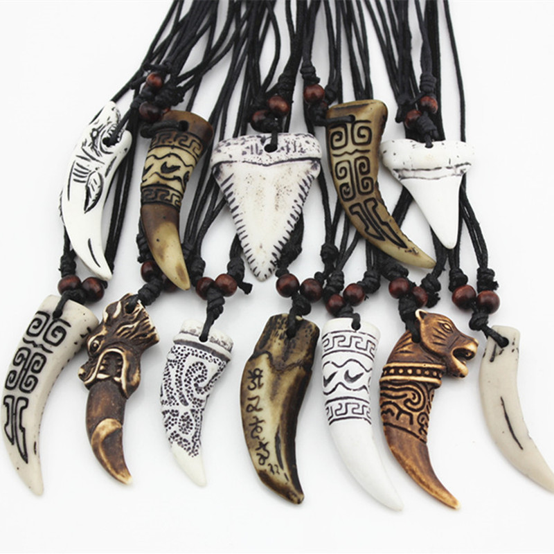 Fashion Jewelry Wholesale 12PCS/LOT Mixed Cool Imitation Bone Carved Dragon Totem /Wolf Tooth Pendant Necklace Amulets Drop Shipping